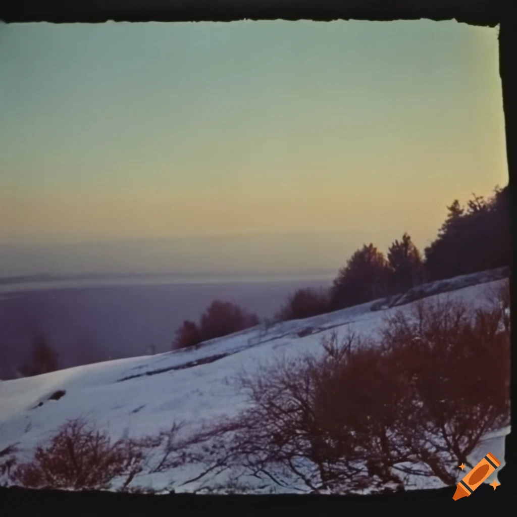 Winter evening hill with snowy bushes and low pines on Craiyon