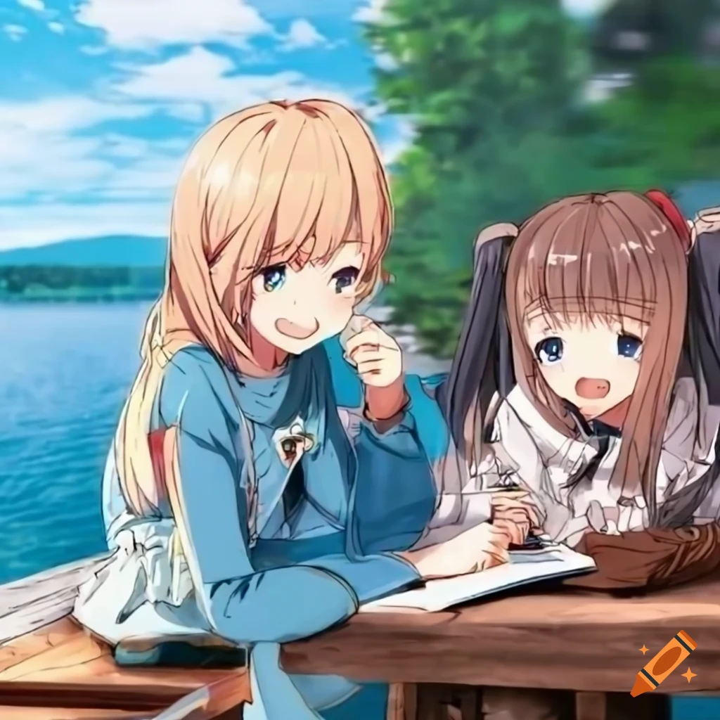 Group of cheerful anime girls studying at a terrace with picturesque lake view