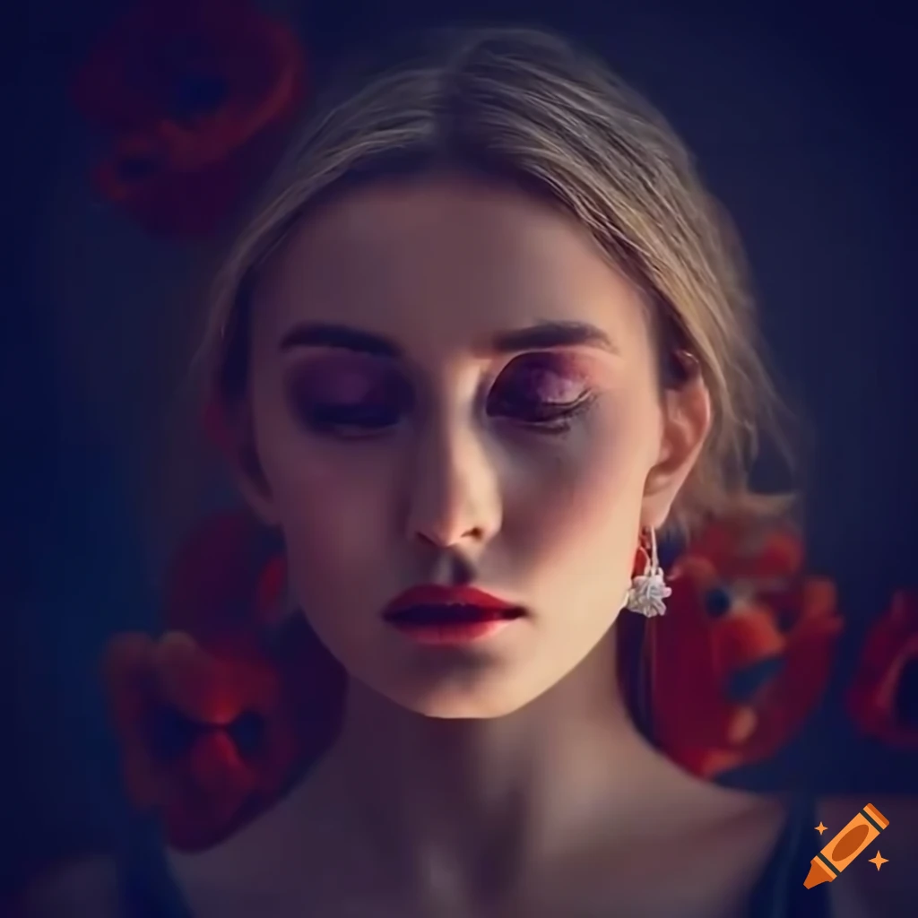 Eastern European Woman With Corn Flowers And Red Poppy In Her Hair On eastern-european-woman-with-corn-flowers-and-red-poppy-in-her-hair-on