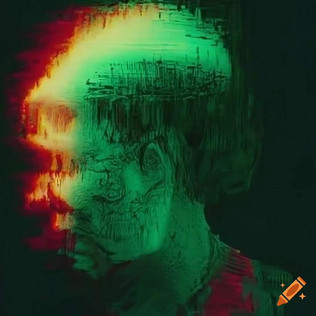 Double exposure of Japanese oni and vhs glitch with grunge textures, hazy lighting