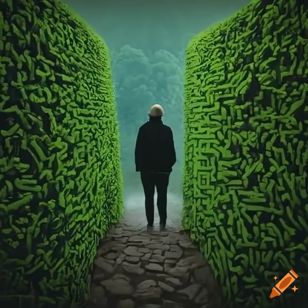 First person view inside a foggy hedge maze labyrinth