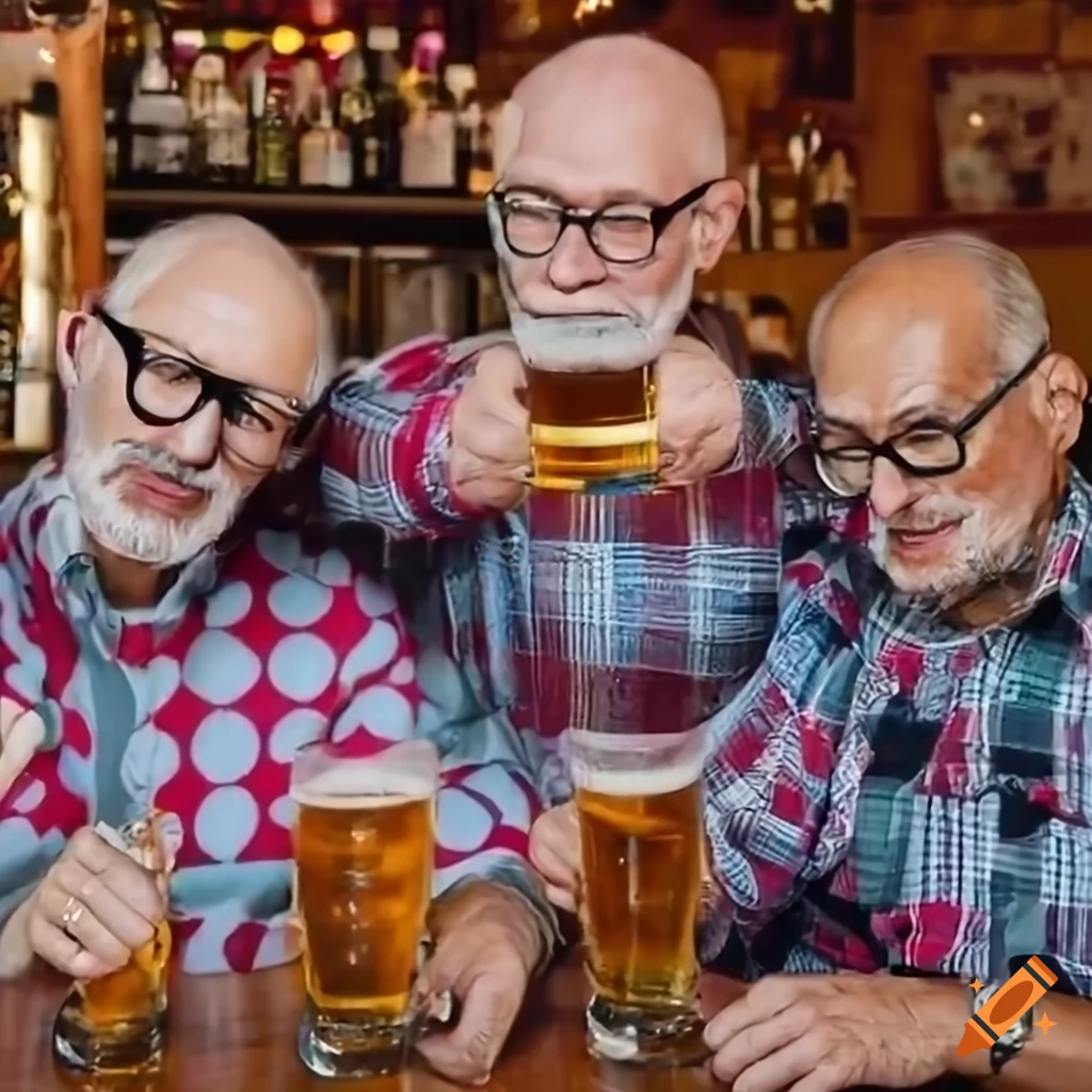 Three retired men enjoying beer in a cozy pub on Craiyon