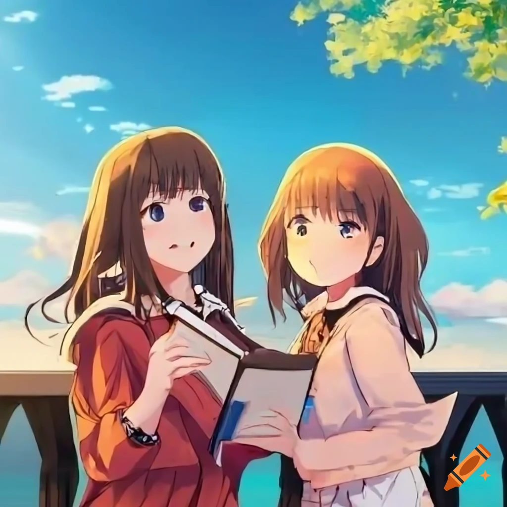 Cheerful anime girls studying at a terrace with lake view