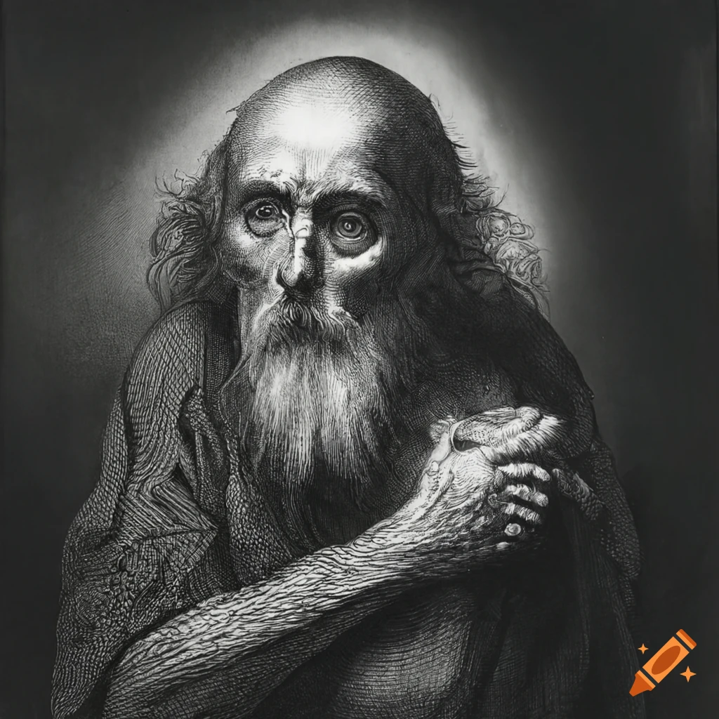 Hermit depicted in 1800s black and white etching