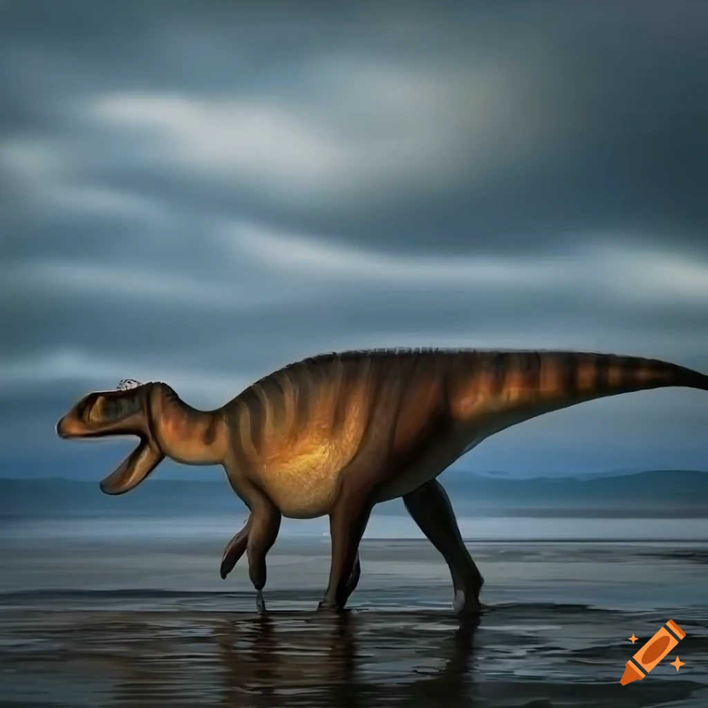 Hadrosaurus dinosaur walking along the British Columbia coast under warm morning light