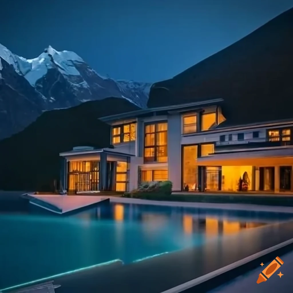Modern mega mansion near Mt Everest and Niagara Falls with moonlight reflecting on the lake