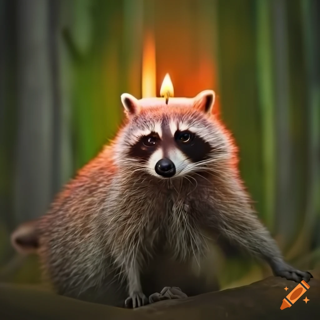 Photorealistic raccoon with red and green lit candles