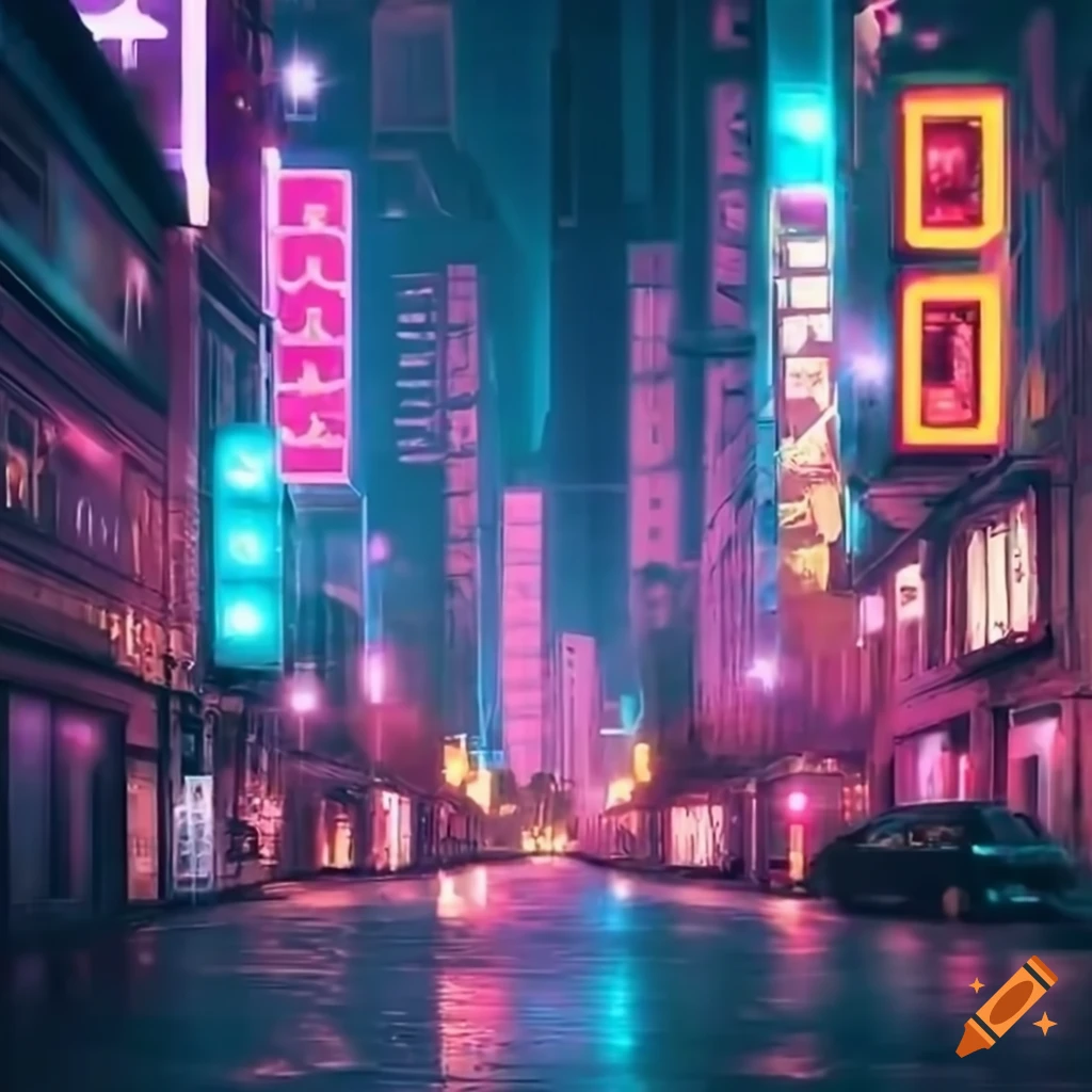 City streets bustling under neon lights in high definition on Craiyon