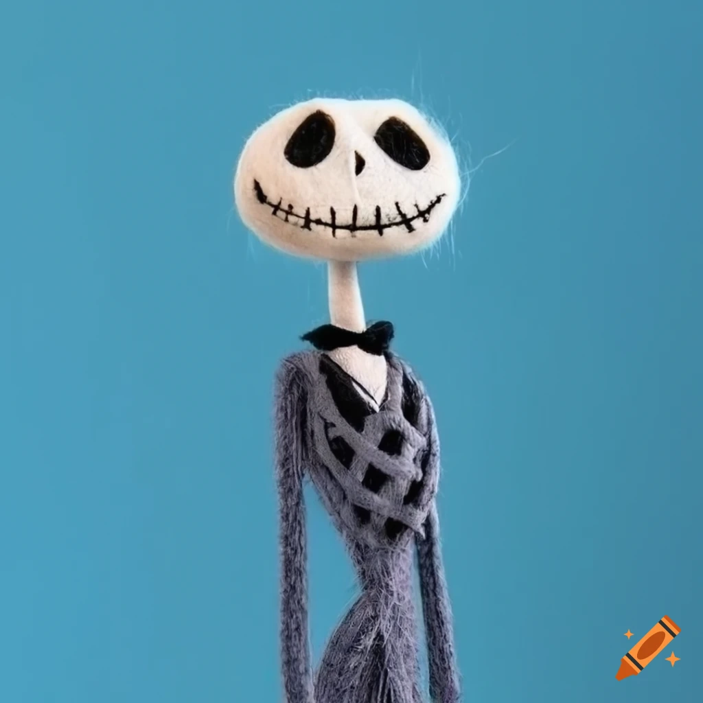 Jack skellington in needle felt with blue sparkly background on Craiyon