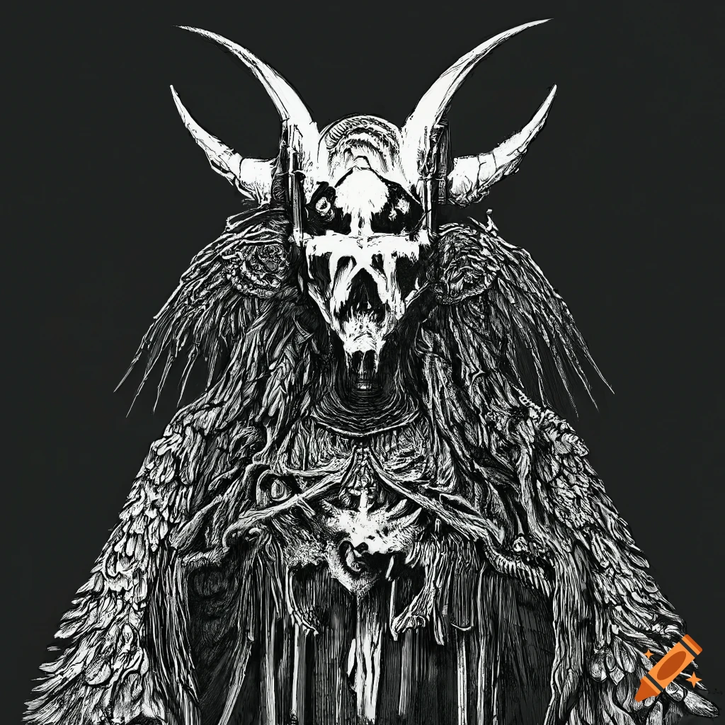 Black and green horned demonic angel apostle design inspired by Kentaro Miura and Gustave Doré