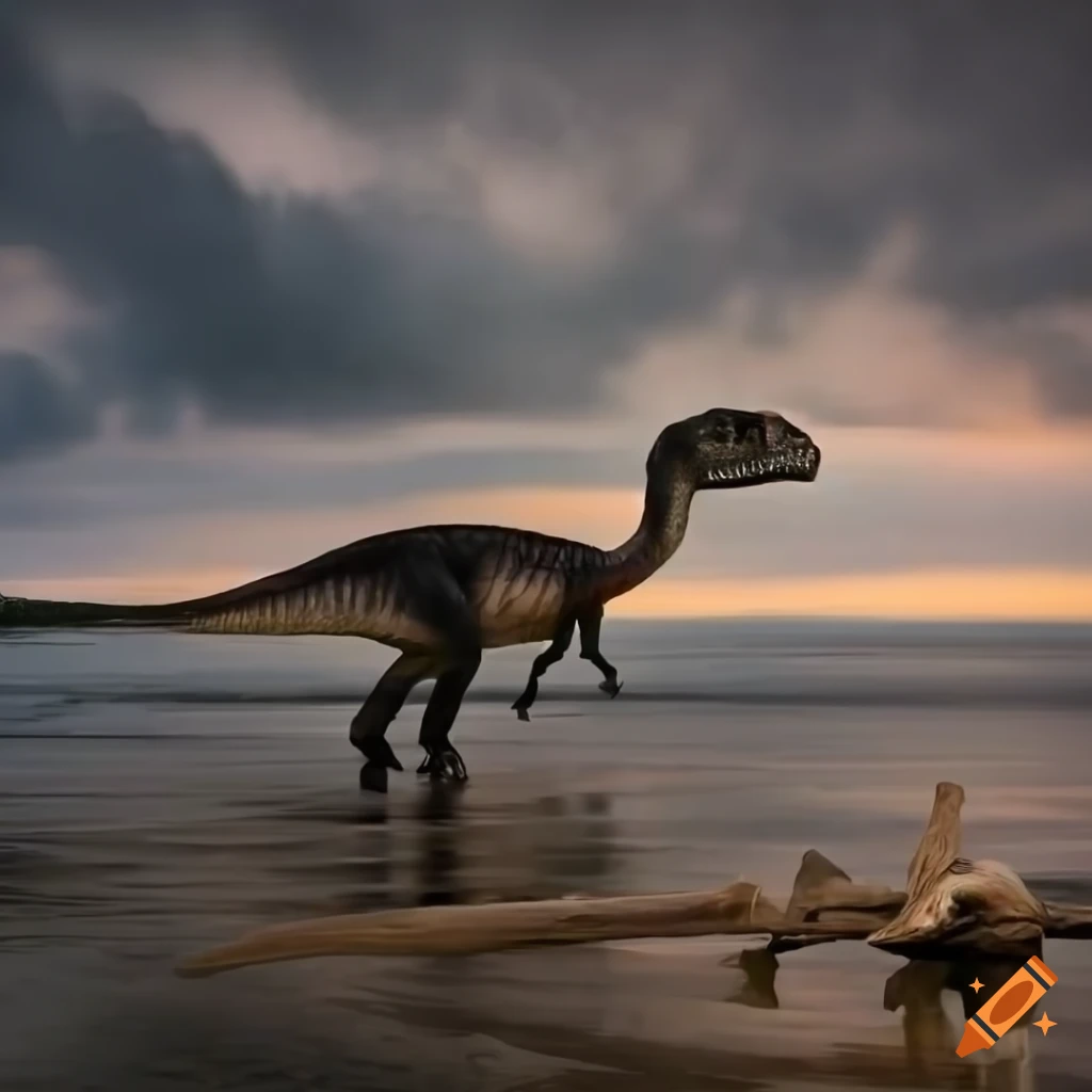 Hadrosaurus dinosaur walking on British Columbia coast under warm morning light