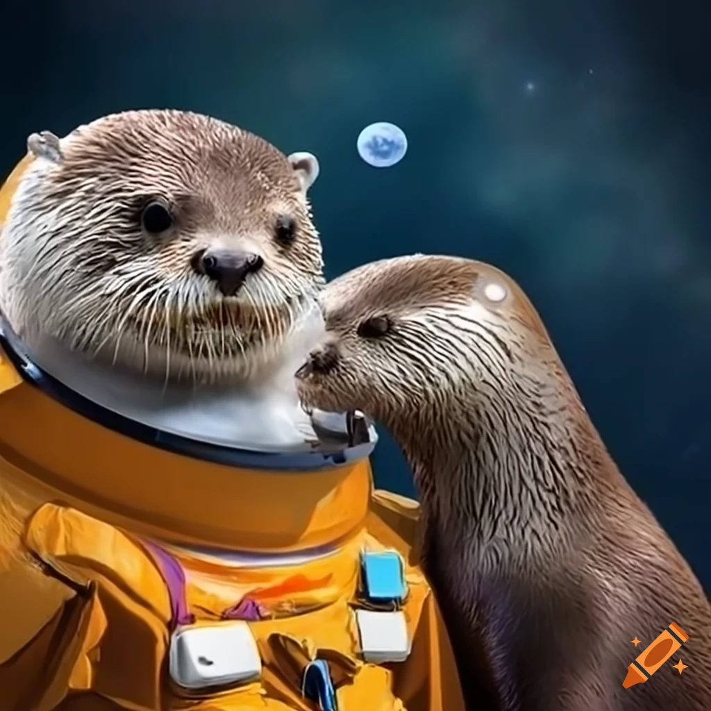 Two otters in love wearing space suits with Jupiter in the background