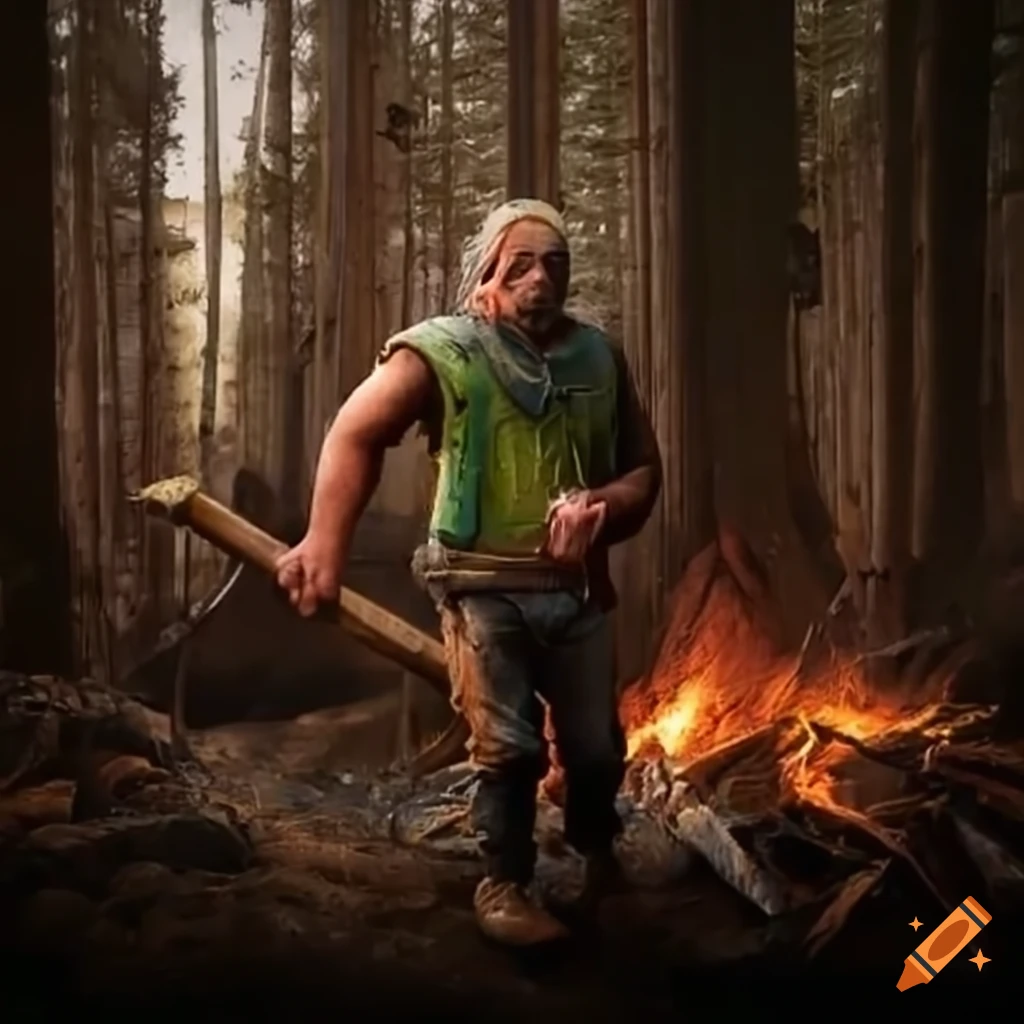 Finnish lumberjack standing next to a pile of boards