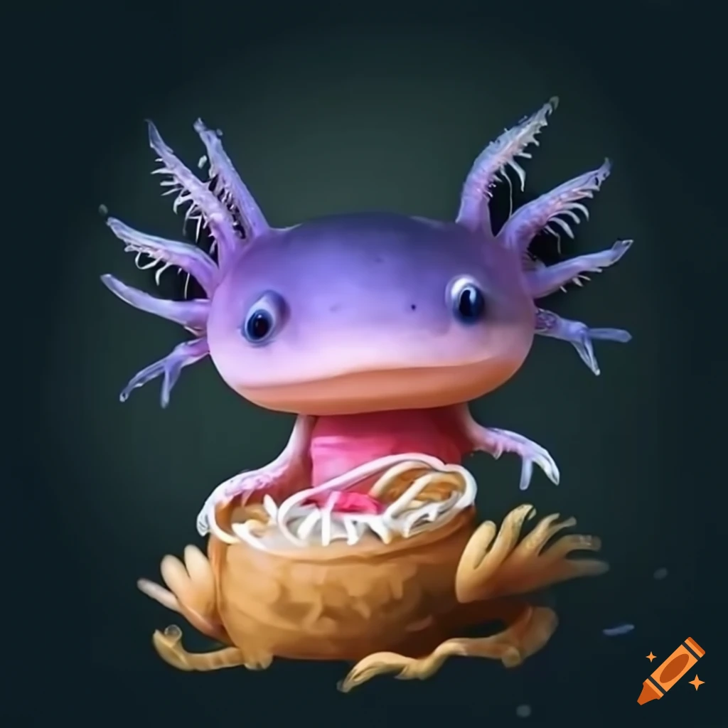 Funny axolotl eating noodles