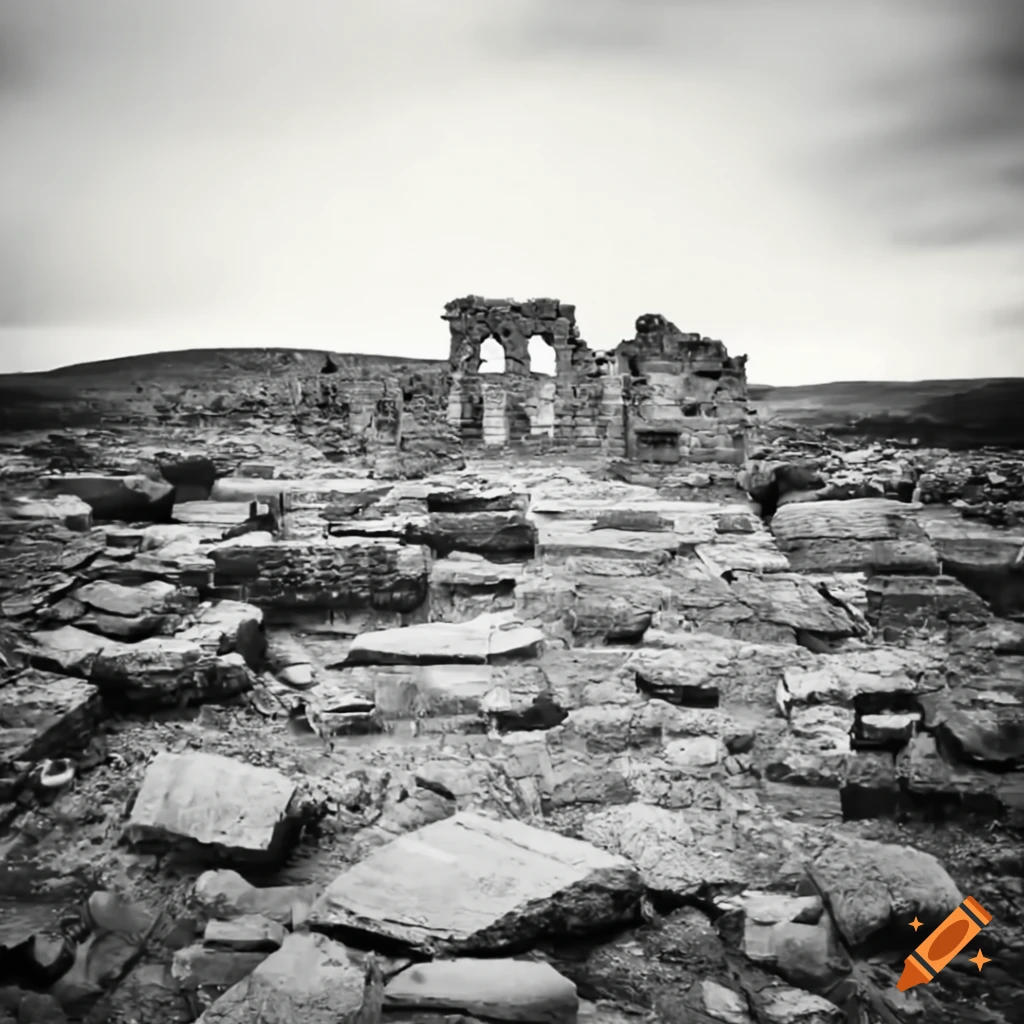 Stone ruins in a wasteland in black and white