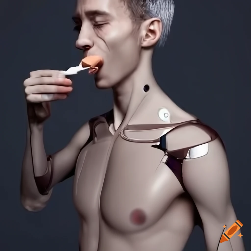 Male cyborg serving noodles with its mouth in a realistic scene
