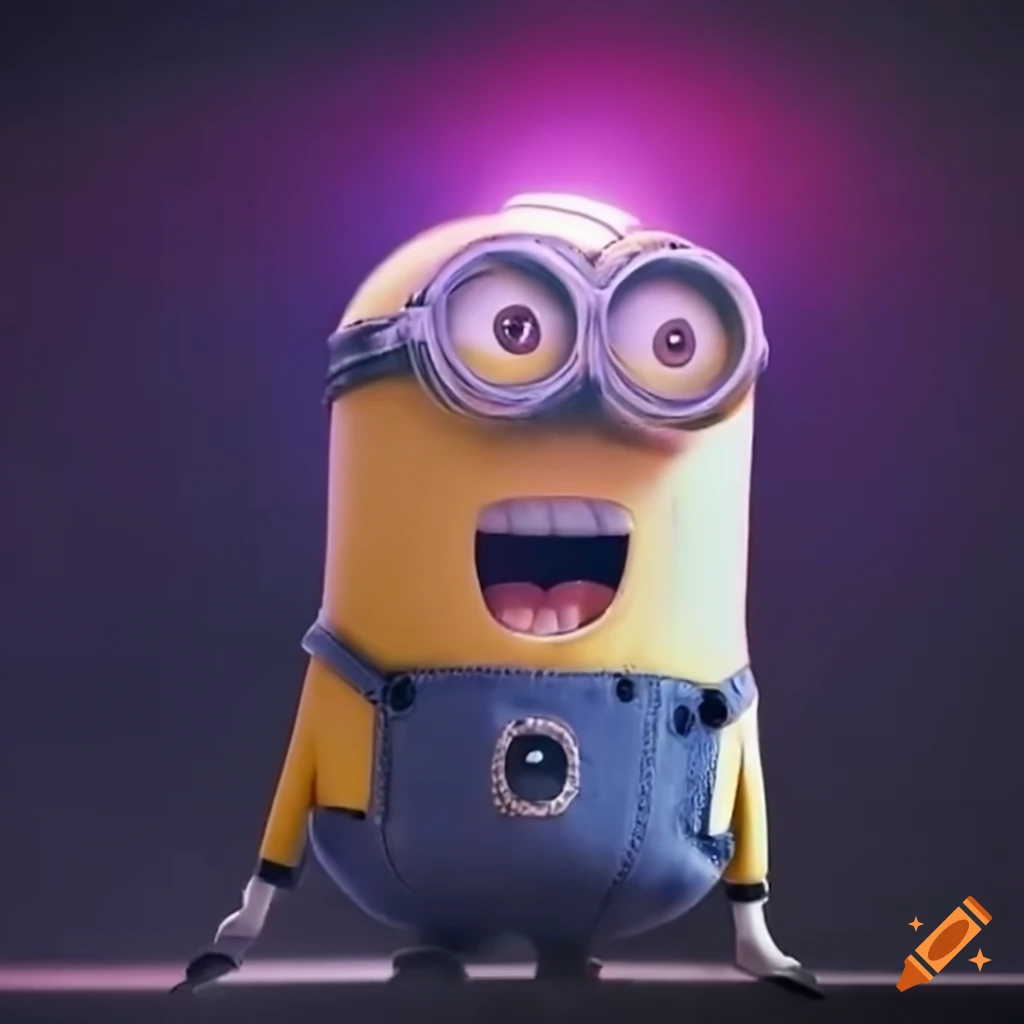 Singing minion on a stage with dramatic lighting