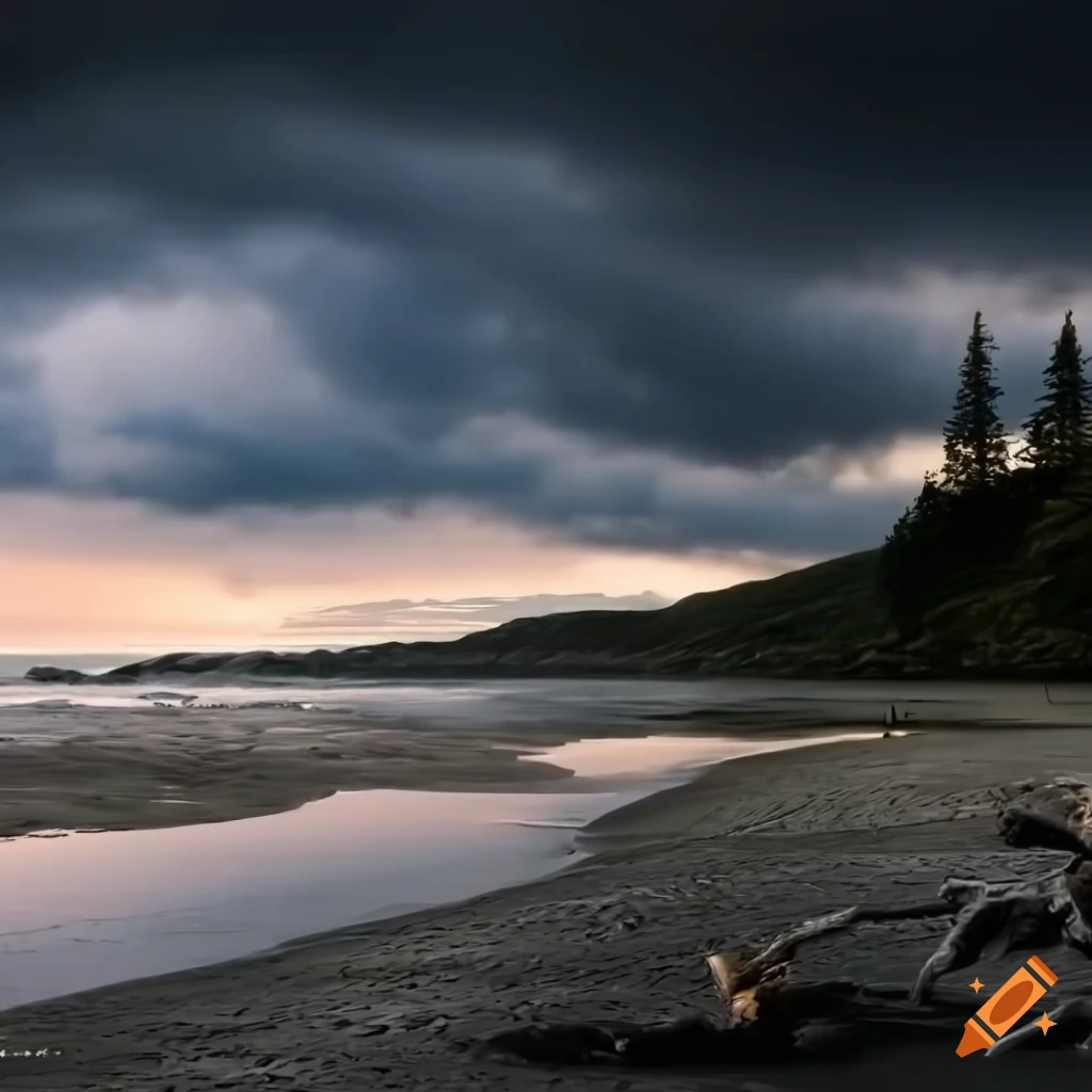 Hadrosaurus dinosaur walking on British Columbia coast under warm morning light