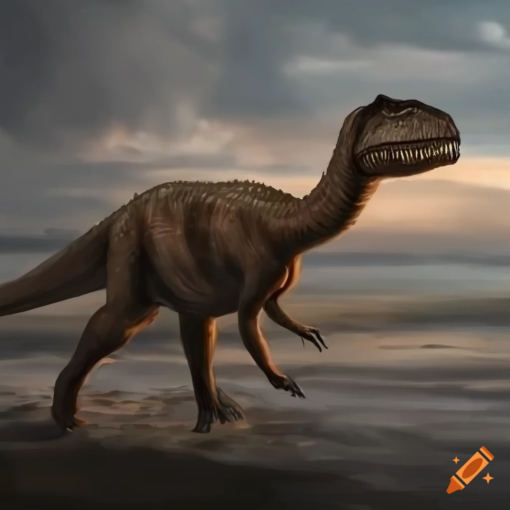 Hadrosaurus dinosaur walking on British Columbia coast in warm morning light