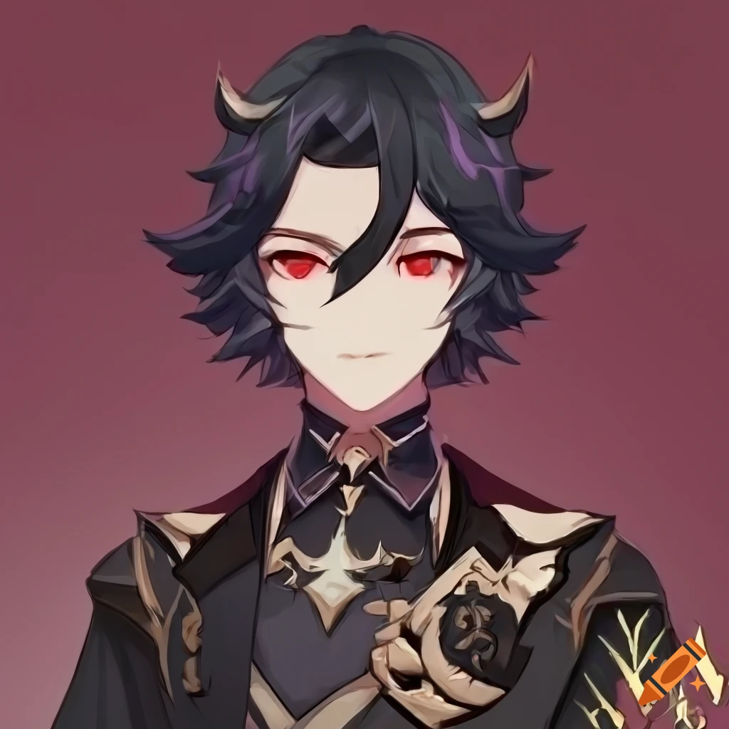 Portrait of a cloaked male warlock with black hair and red eyes in a Genshin Impact style
