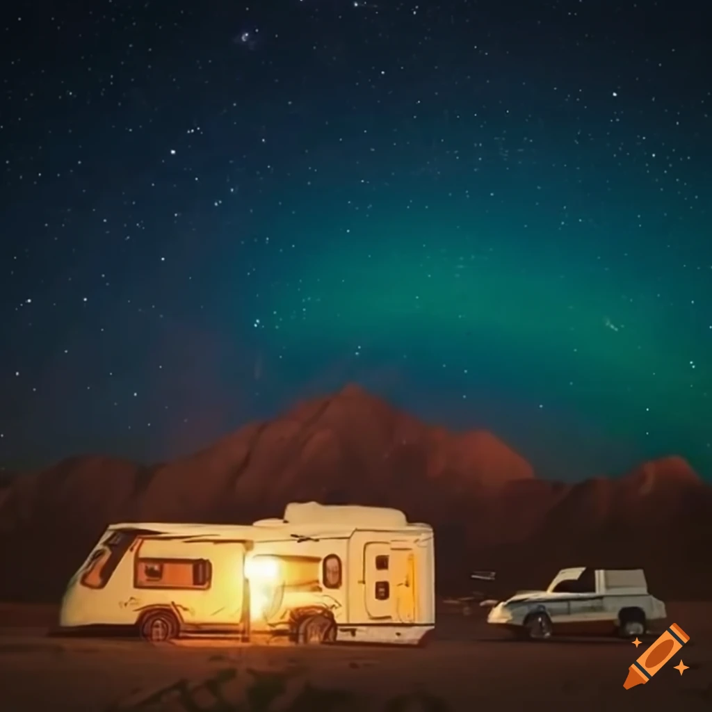 Characters from breaking bad at their rv in the desert under a starry