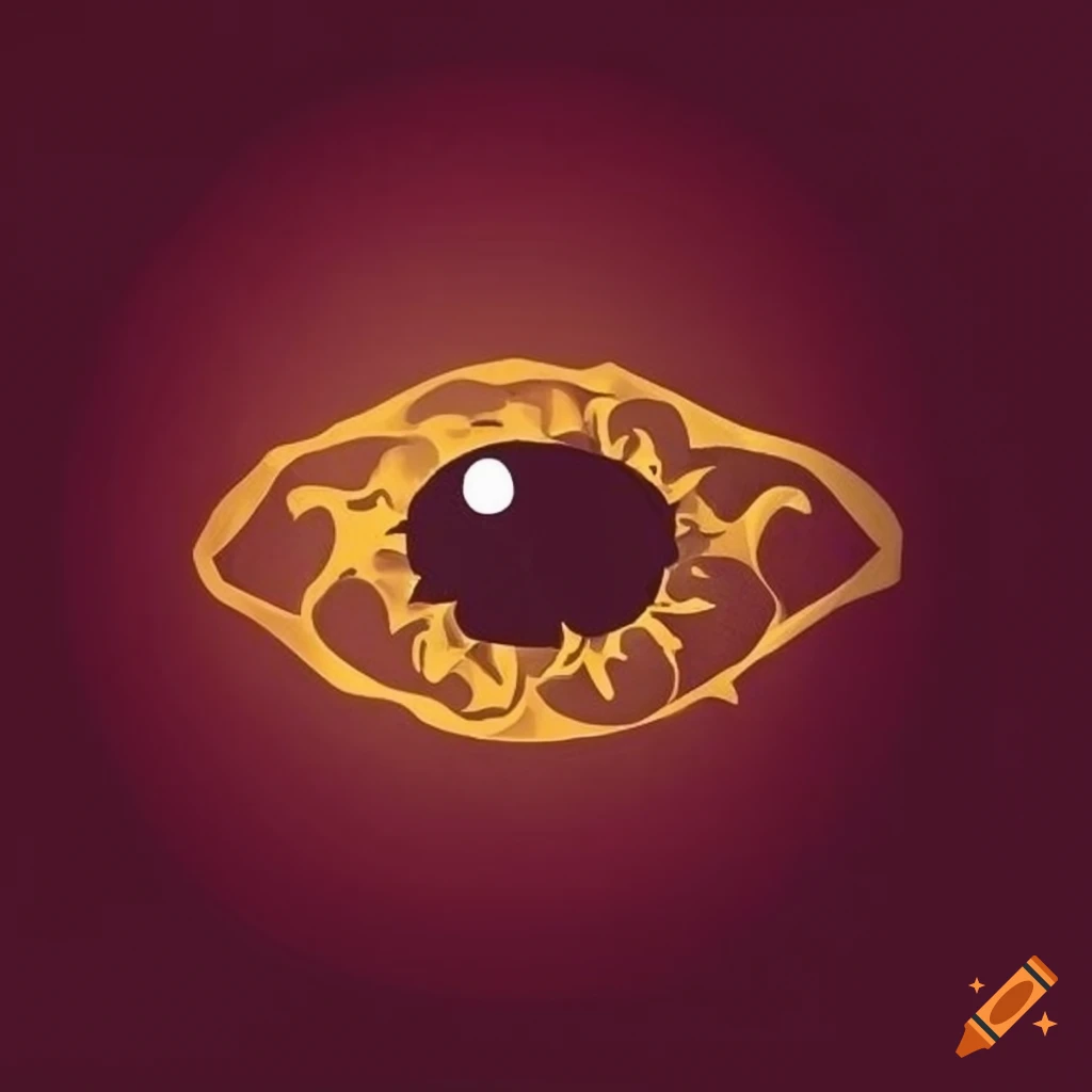 Stylized minimalistic golden dragon eye on burgundy background