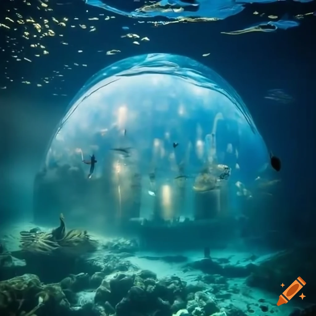 Underwater city with glass dome and swimming angels on Craiyon