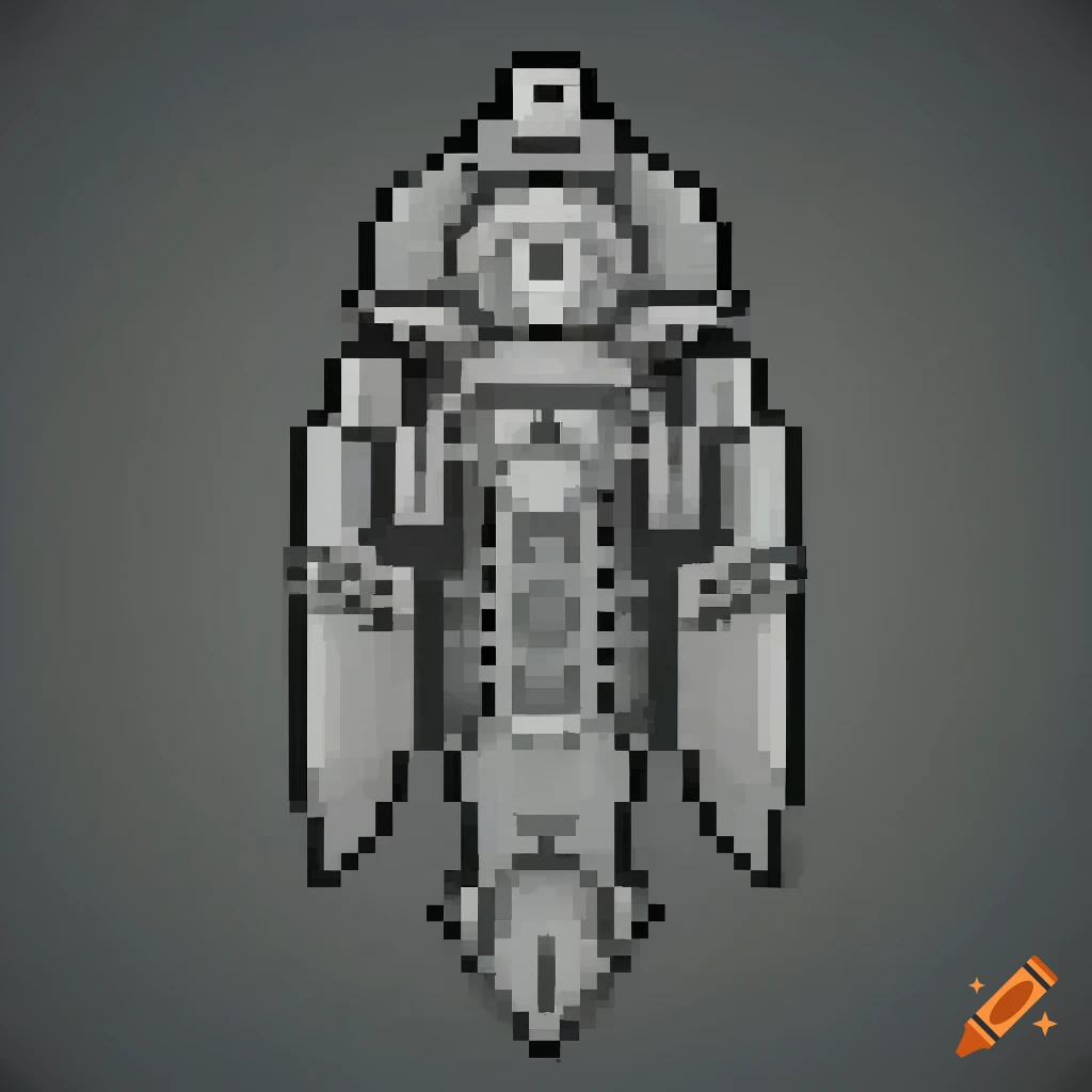 Detailed grey hi-tech industrial spaceship pixel art, front view on Craiyon