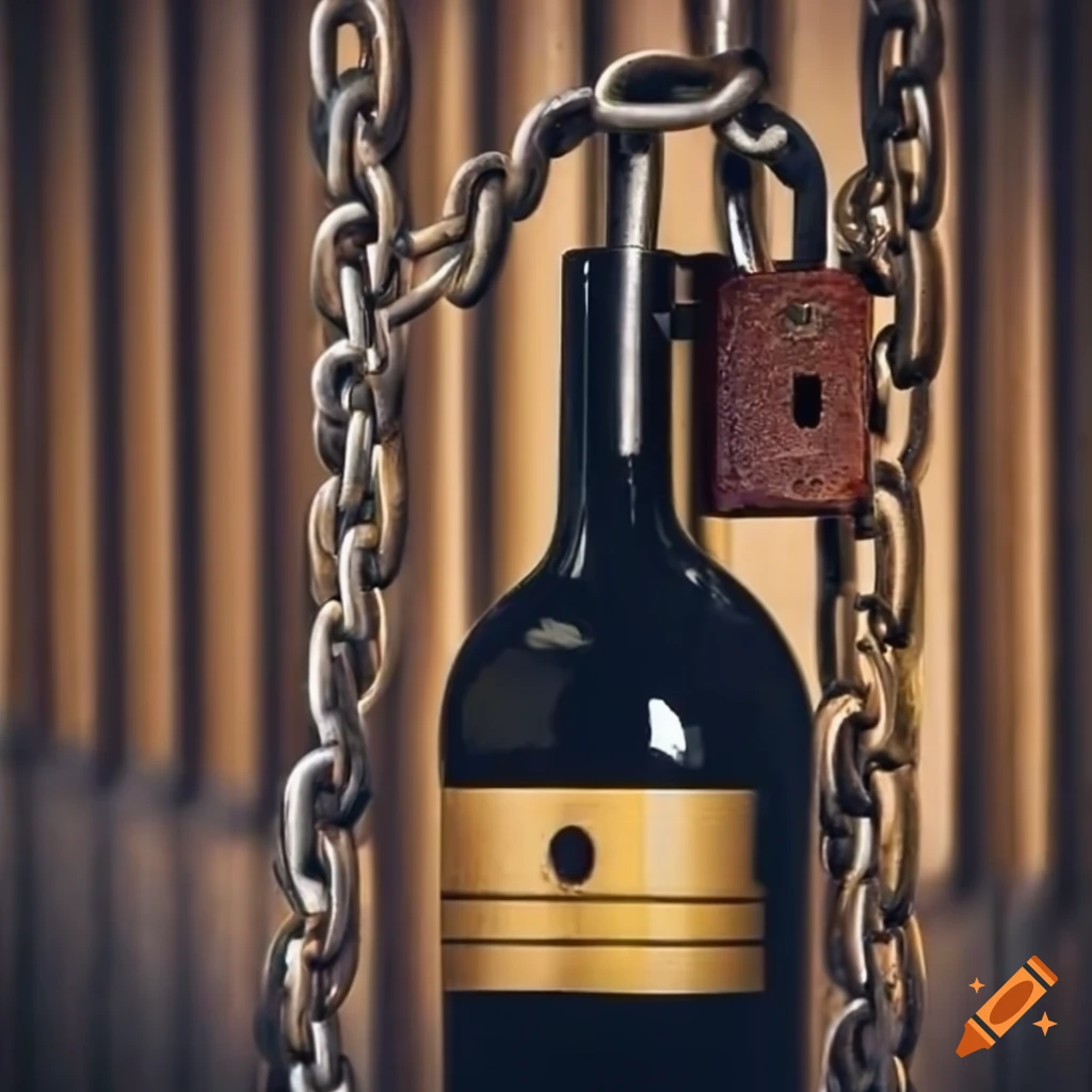 Wine bottle behind the bars of a prison with a code padlock on Craiyon