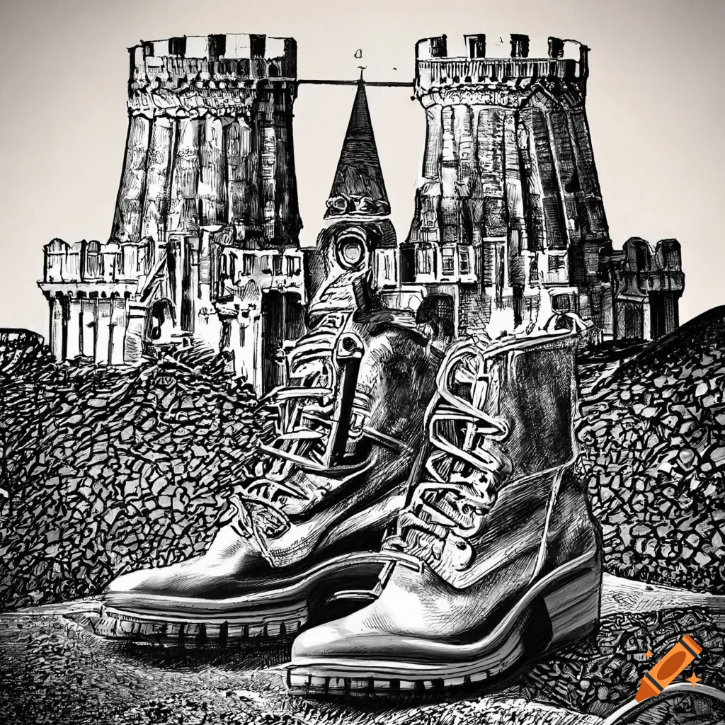 Black and white drawing of vietnam memorial boots and m16 in front of