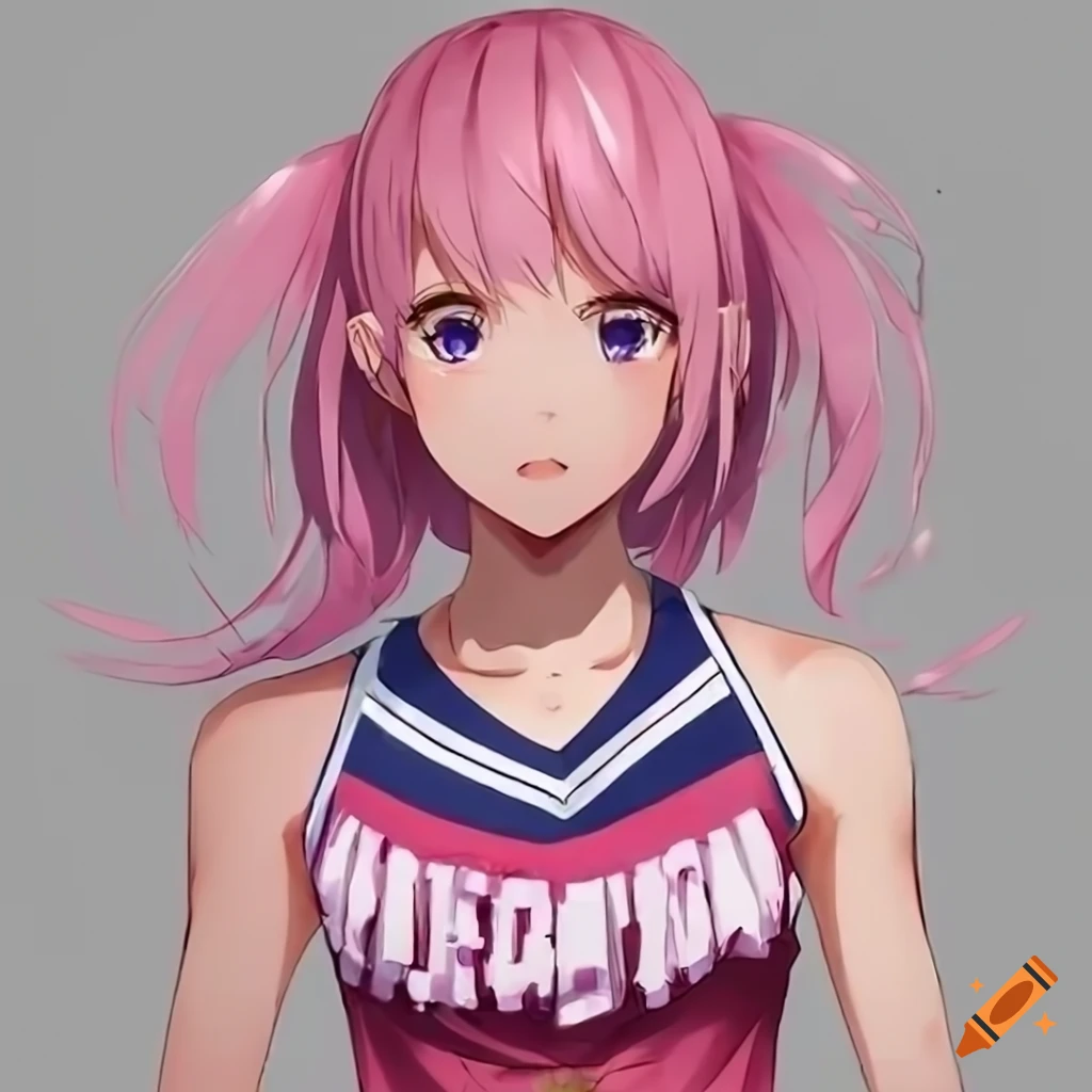 Anime girl in pink cheerleader uniform with pink hair