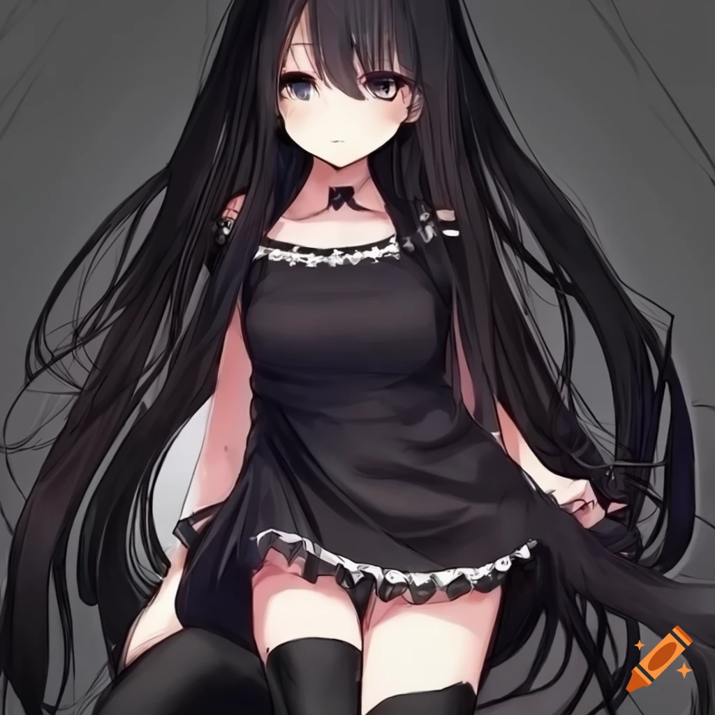 Anime girl with long black hair in a cute black outfit on Craiyon