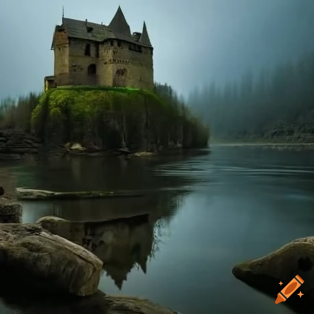Ancient castle on the bank of a rocky river on Craiyon