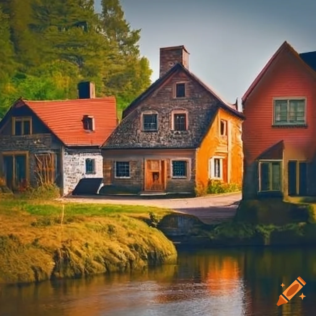 Houses near the river from an aerial perspective on Craiyon