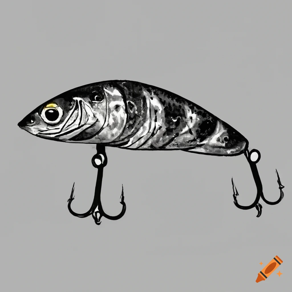 Cartoon fishing lure with hooks in black and white on Craiyon