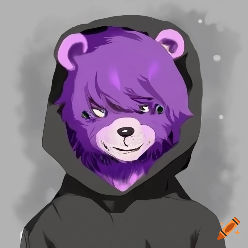 Happy purple bear in a black hoodie with floating orbs in a white void ...