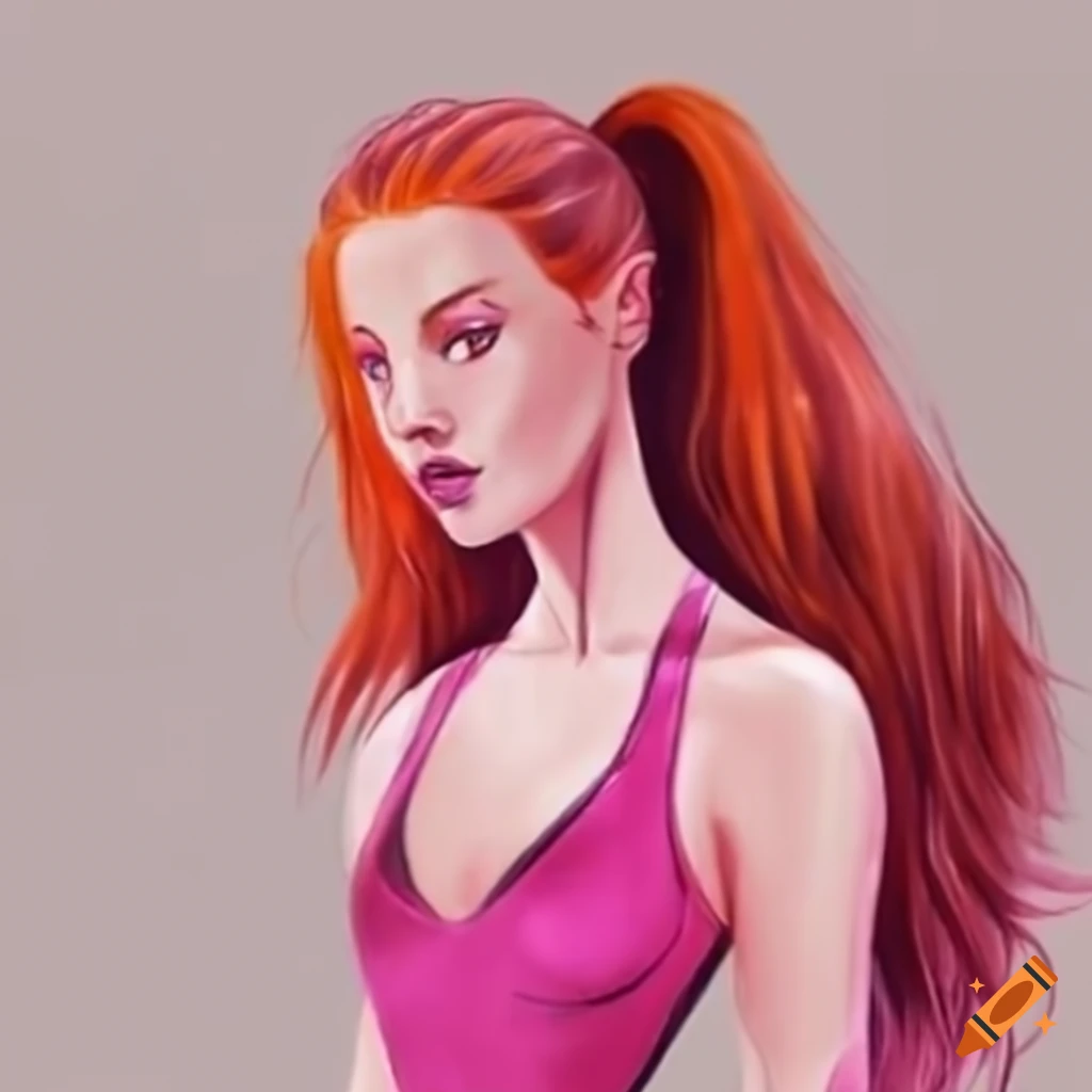 Arina, goddess of power, with pink eyes and red-haired ponytail in a pink athletic leotard and gold rings