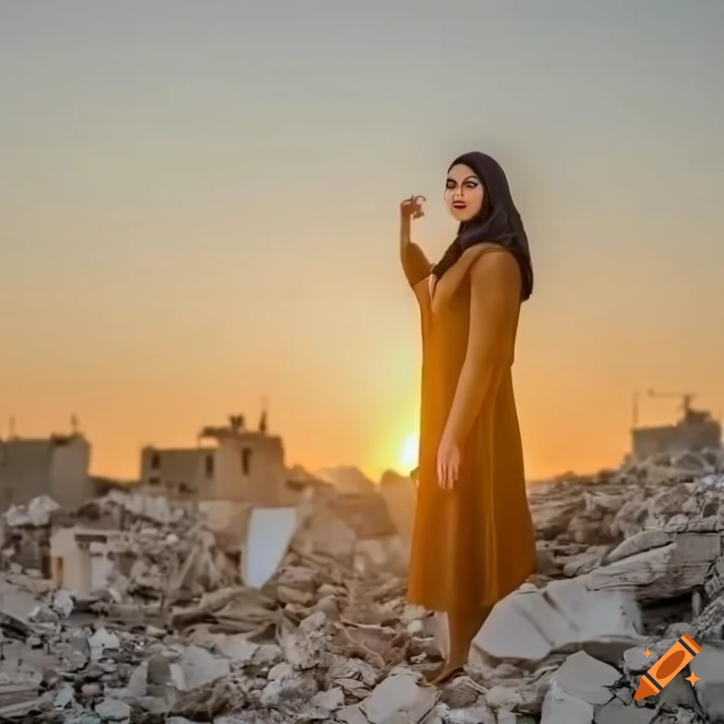 Young Palestinian woman standing near rubble and ruins in Gaza