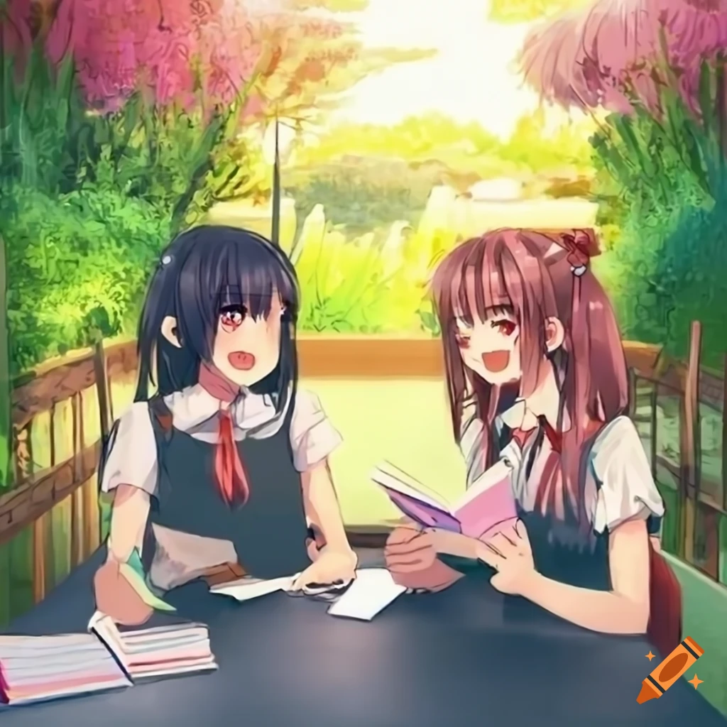 Cheerful anime girls studying at a terrace with garden backdrop