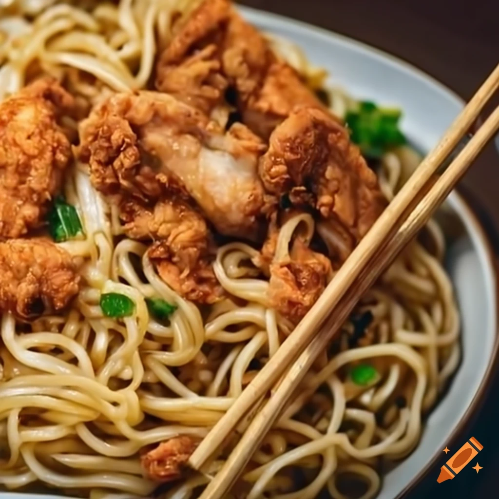 Close-up of delicious noodles with fried chicken