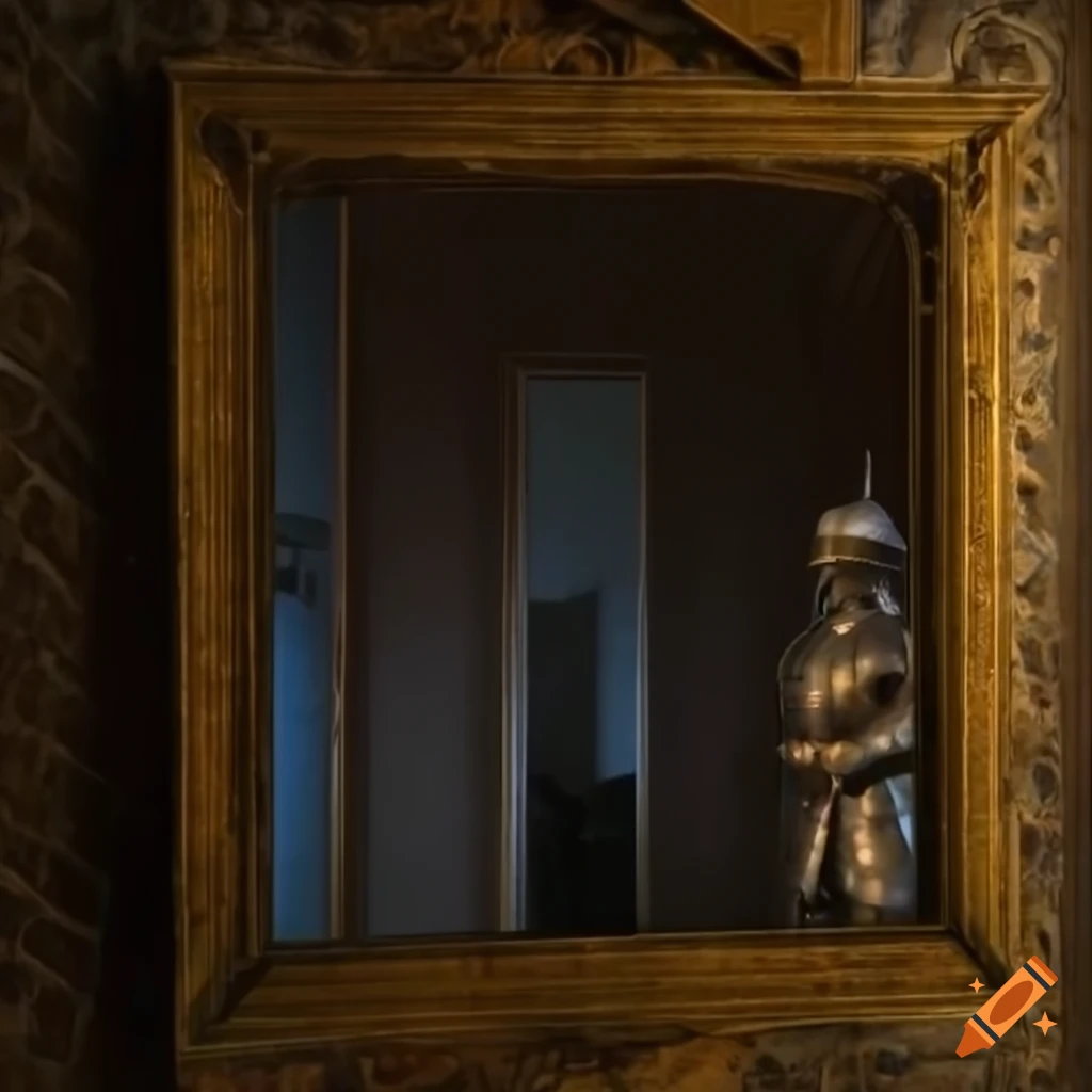 Man standing among medieval mirrors reflecting inner darkness on Craiyon