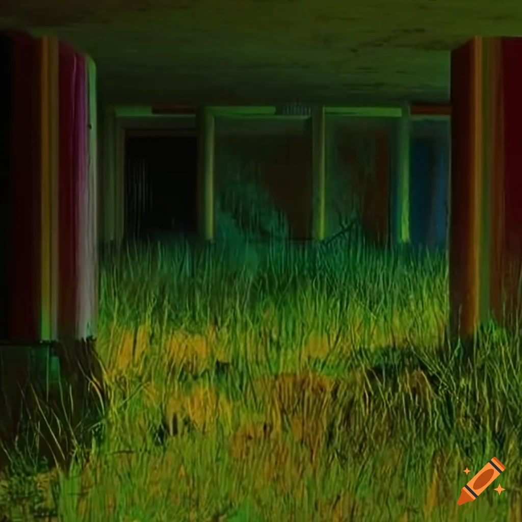 Merge of concrete and grassland, surreal narrative in liminal space