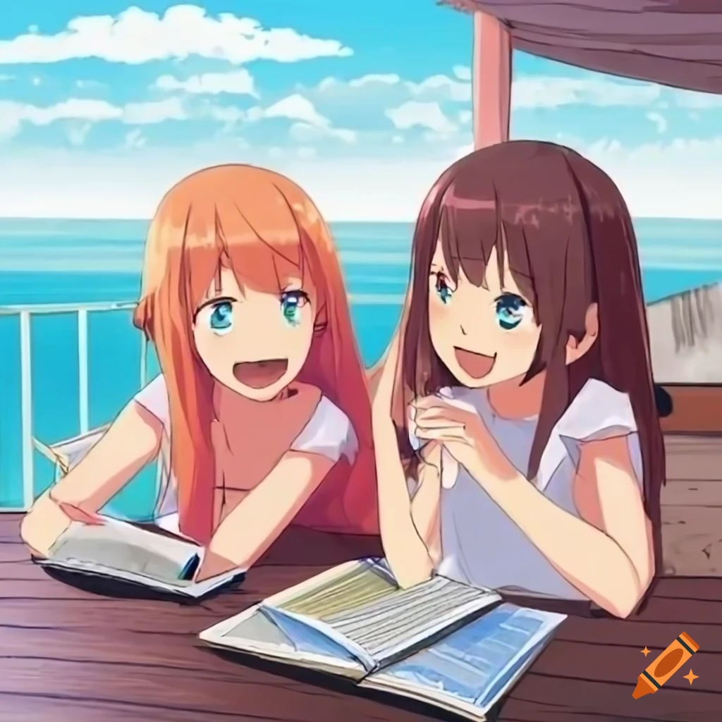Cheerful anime girls studying at a terrace with lake view