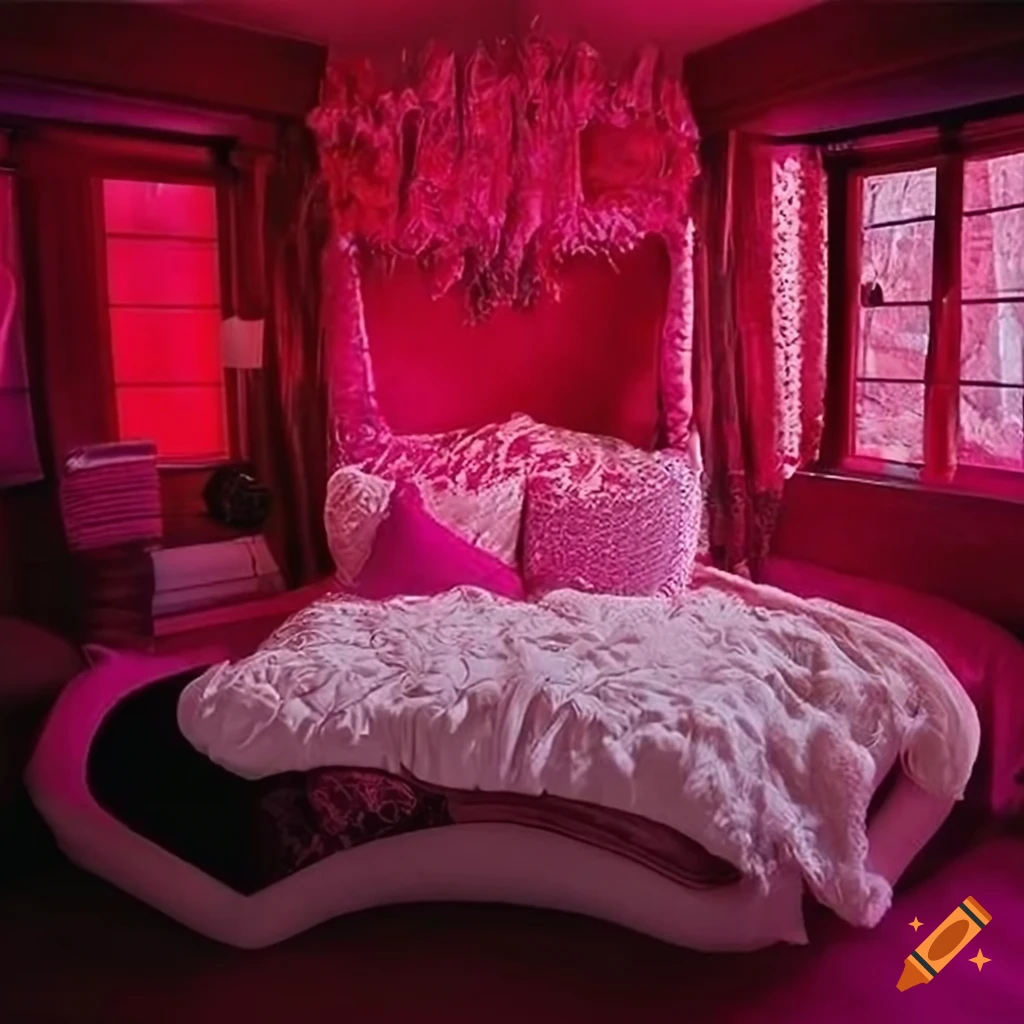 Beautiful bedroom with heartshaped bed and three cats, pink and red