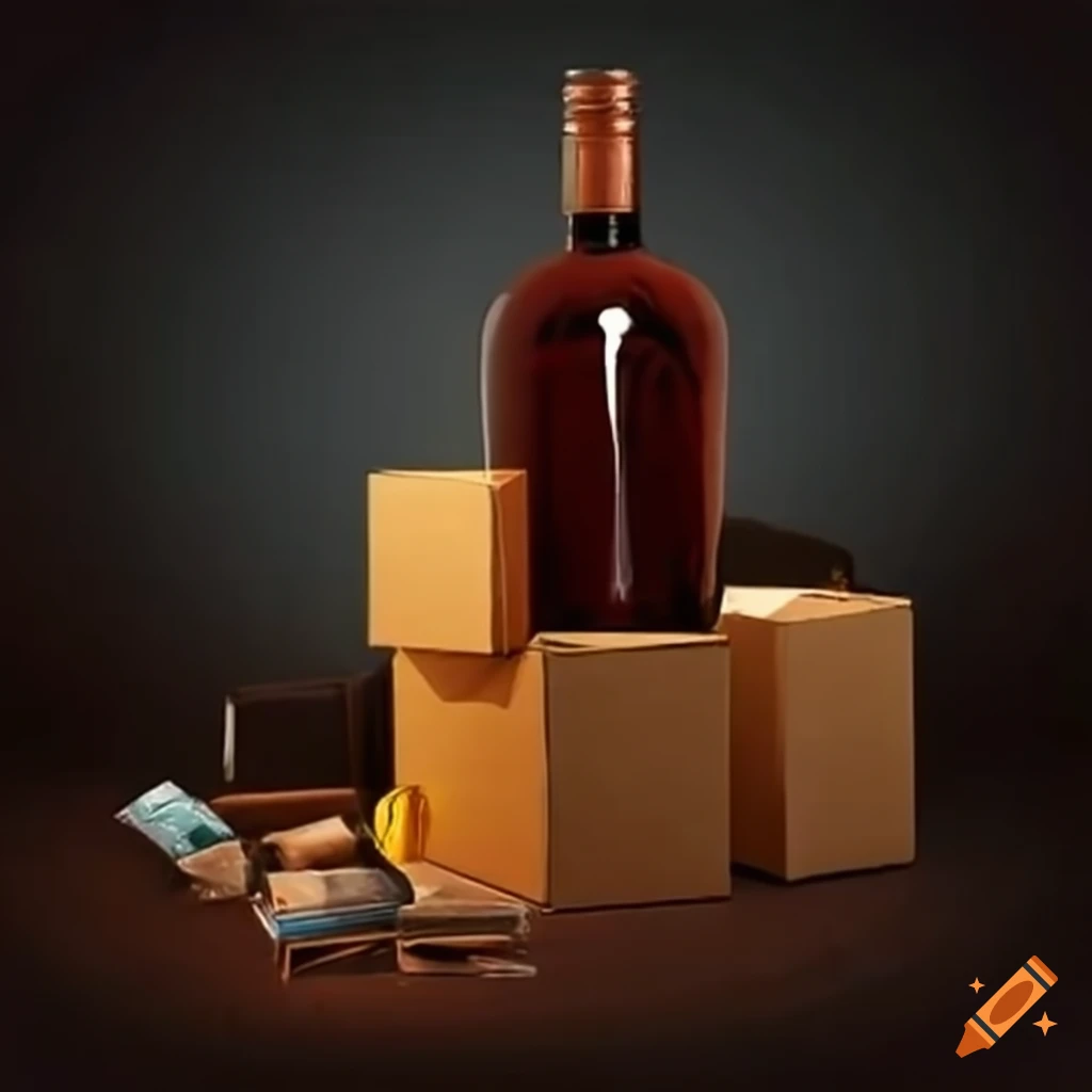 Man moving supplies with boxes and liquor bottles on Craiyon