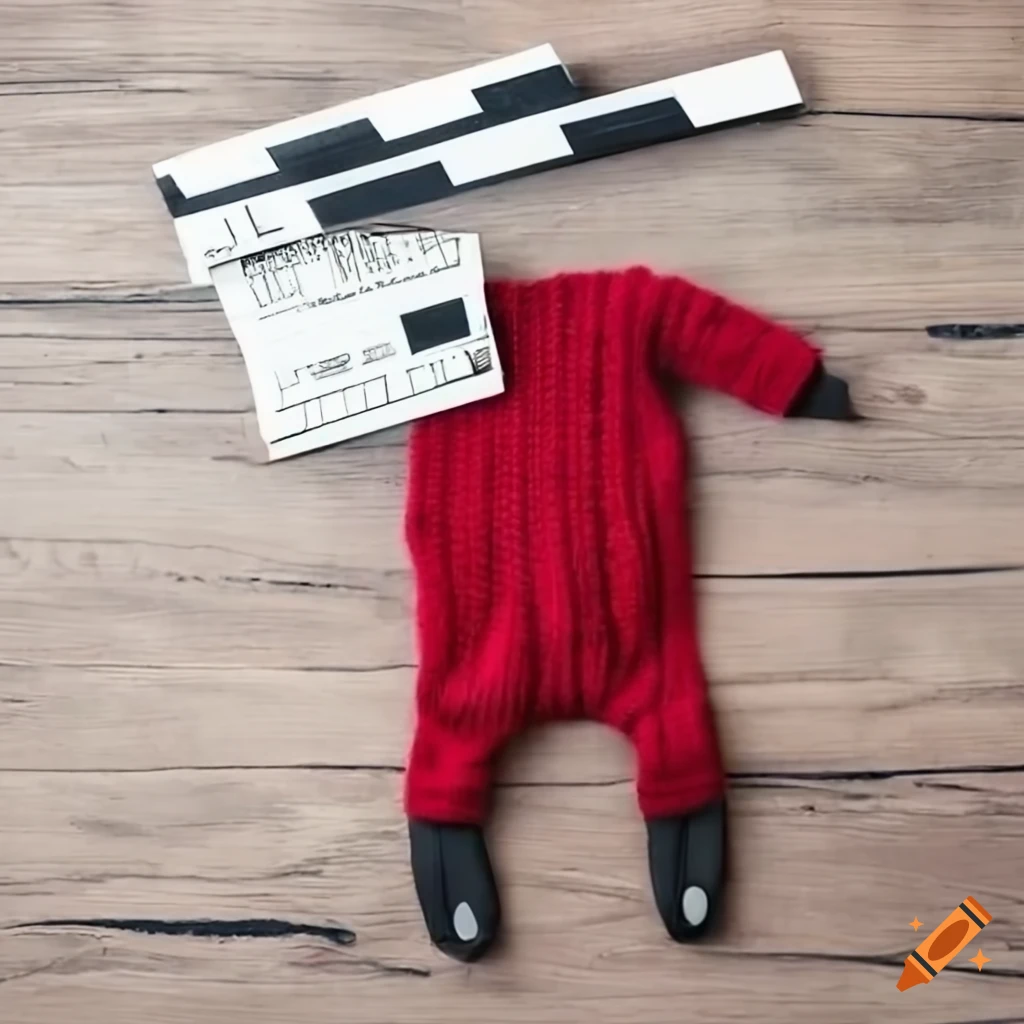 Red sweater, cane, and a movie clapperboard in a school environment