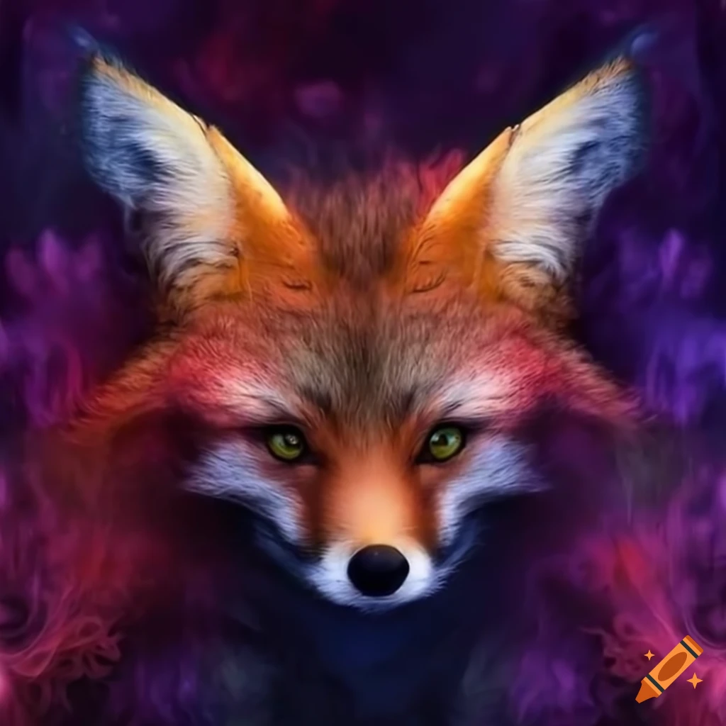 Colorful fox with majestic ears surrounded by mist and smoke