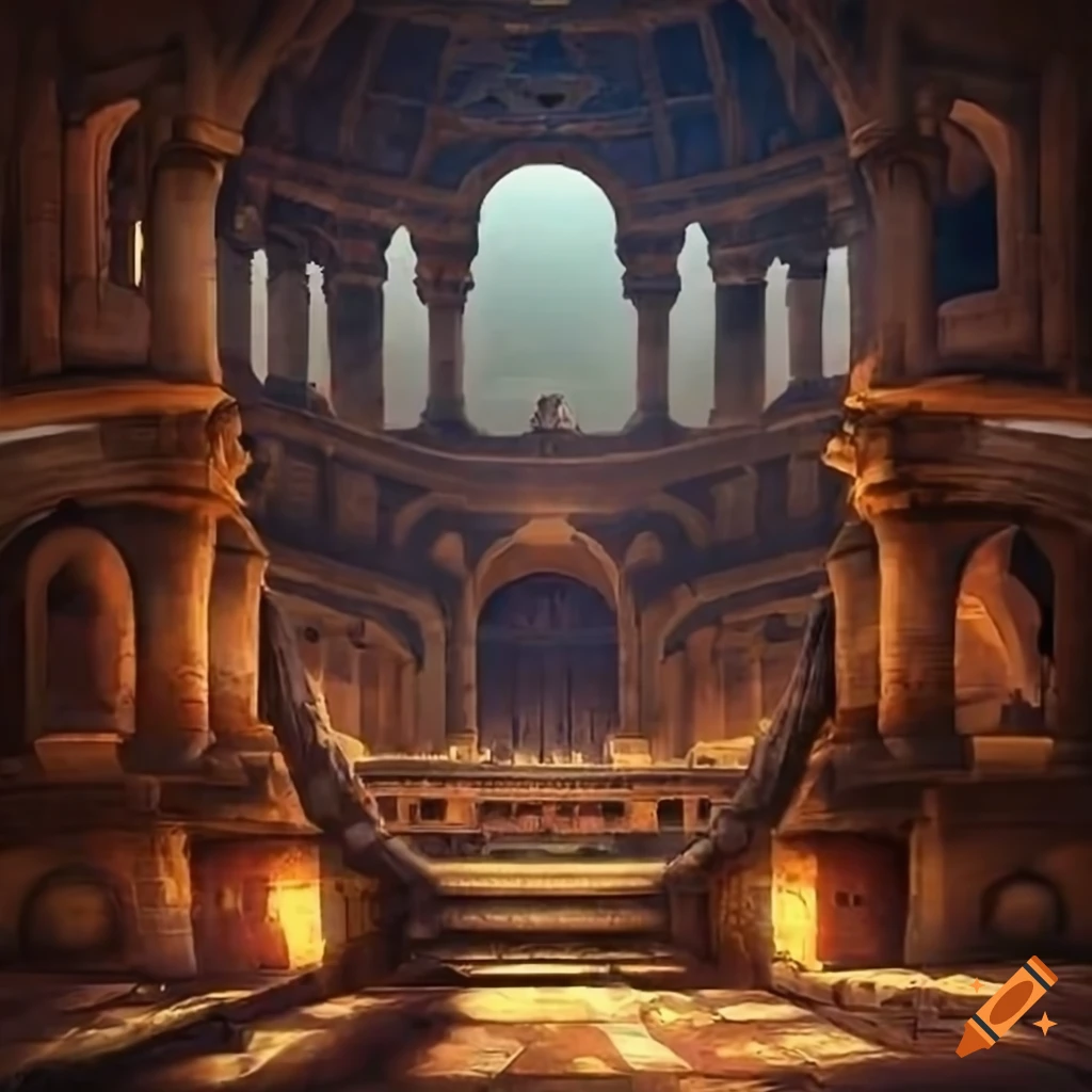 Elaborate underground gladiator coliseum with towering pillars in a fantasy setting