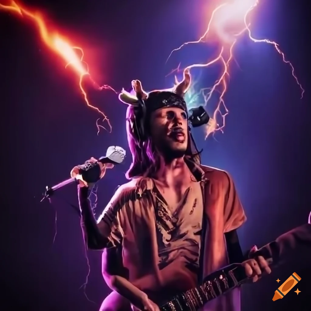 Rockstar with horns singing on stage surrounded by fire and lightning