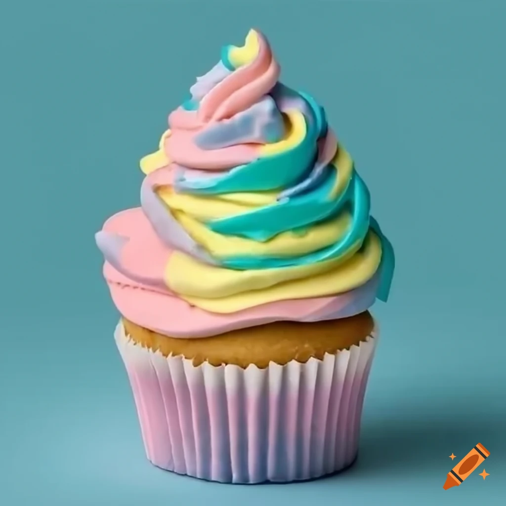 Fluffy pastel rainbow frosting on a vanilla cupcake with rainbow sprinkles